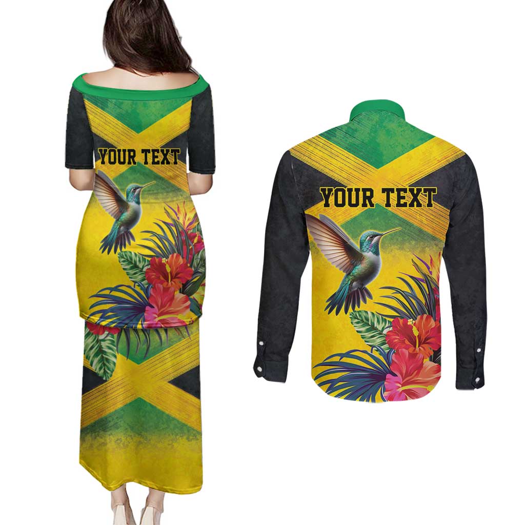 Personalized Jamaica Hummingbird Couples Matching Puletasi and Long Sleeve Button Shirt Tropical Flowers Grunge Flag - Wonder Print Shop