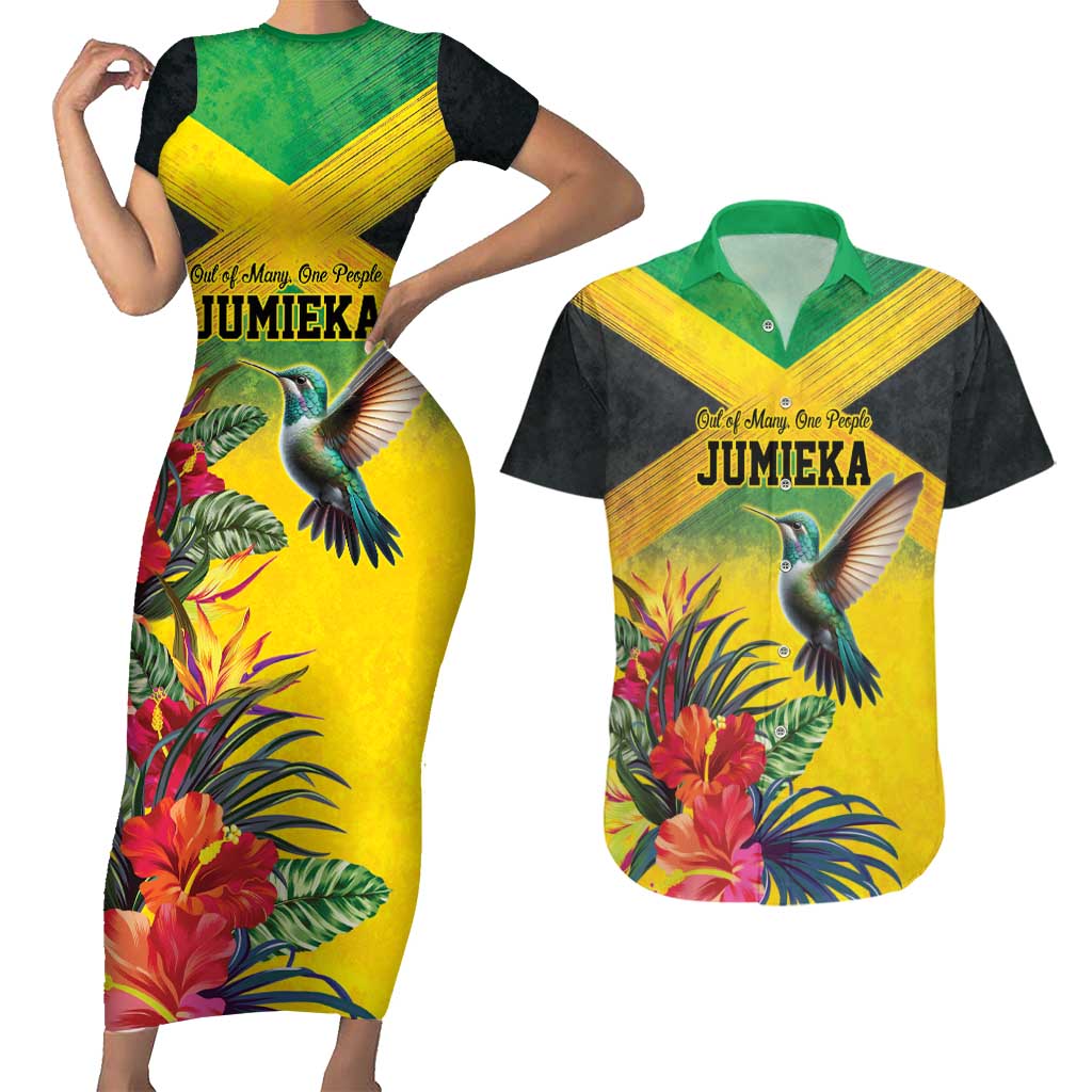 Personalized Jamaica Hummingbird Couples Matching Short Sleeve Bodycon Dress and Hawaiian Shirt Tropical Flowers Grunge Flag - Wonder Print Shop