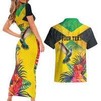 Personalized Jamaica Hummingbird Couples Matching Short Sleeve Bodycon Dress and Hawaiian Shirt Tropical Flowers Grunge Flag - Wonder Print Shop
