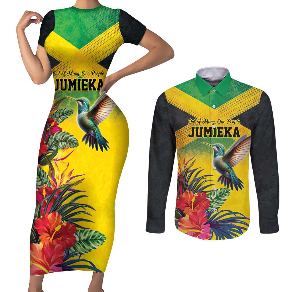 Personalized Jamaica Hummingbird Couples Matching Short Sleeve Bodycon Dress and Long Sleeve Button Shirt Tropical Flowers Grunge Flag - Wonder Print Shop
