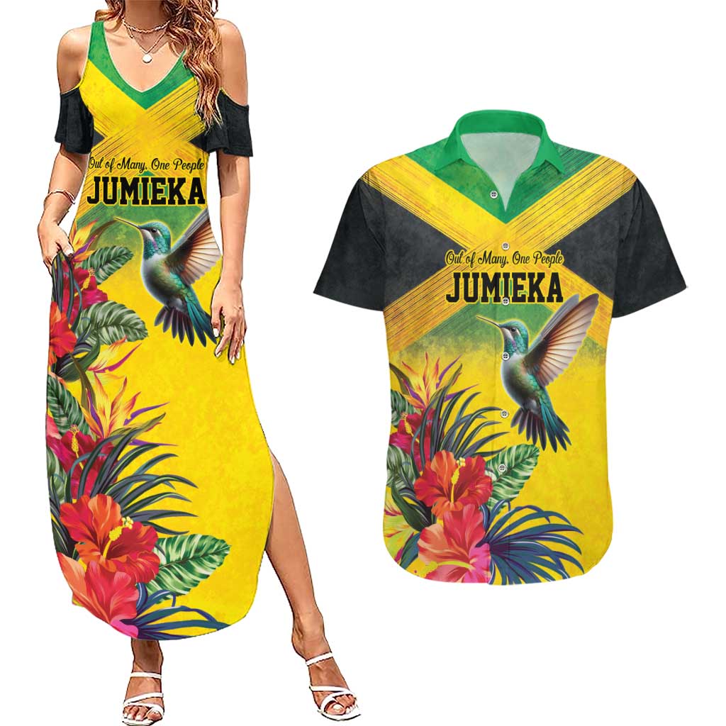 Personalized Jamaica Hummingbird Couples Matching Summer Maxi Dress and Hawaiian Shirt Tropical Flowers Grunge Flag - Wonder Print Shop