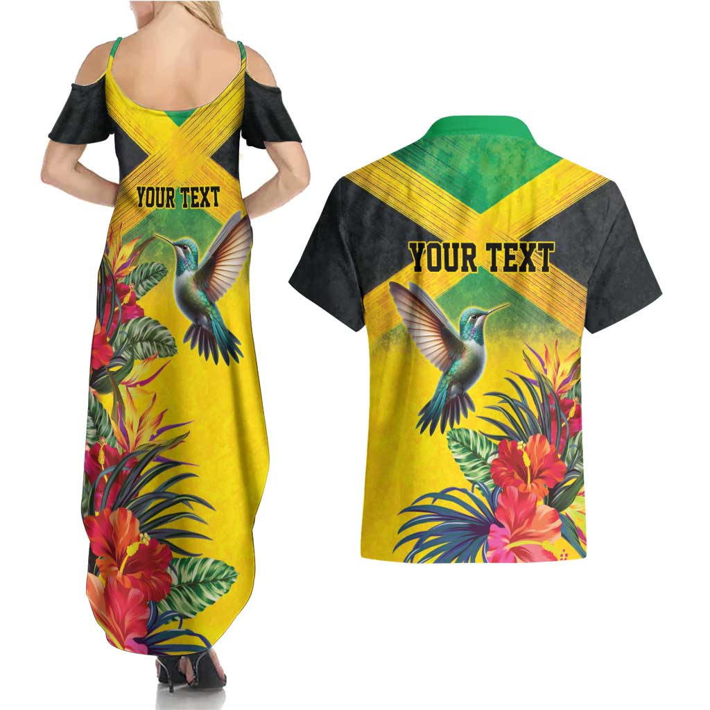Personalized Jamaica Hummingbird Couples Matching Summer Maxi Dress and Hawaiian Shirt Tropical Flowers Grunge Flag - Wonder Print Shop