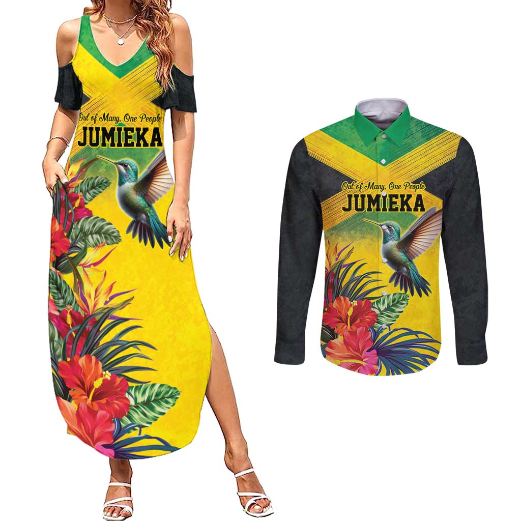 Personalized Jamaica Hummingbird Couples Matching Summer Maxi Dress and Long Sleeve Button Shirt Tropical Flowers Grunge Flag - Wonder Print Shop