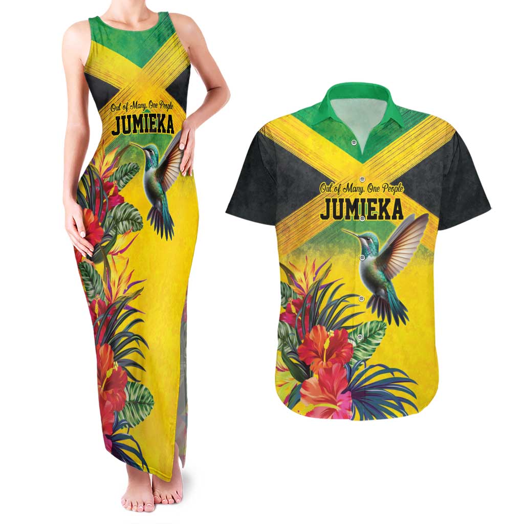 Personalized Jamaica Hummingbird Couples Matching Tank Maxi Dress and Hawaiian Shirt Tropical Flowers Grunge Flag - Wonder Print Shop