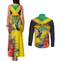 Personalized Jamaica Hummingbird Couples Matching Tank Maxi Dress and Long Sleeve Button Shirt Tropical Flowers Grunge Flag - Wonder Print Shop