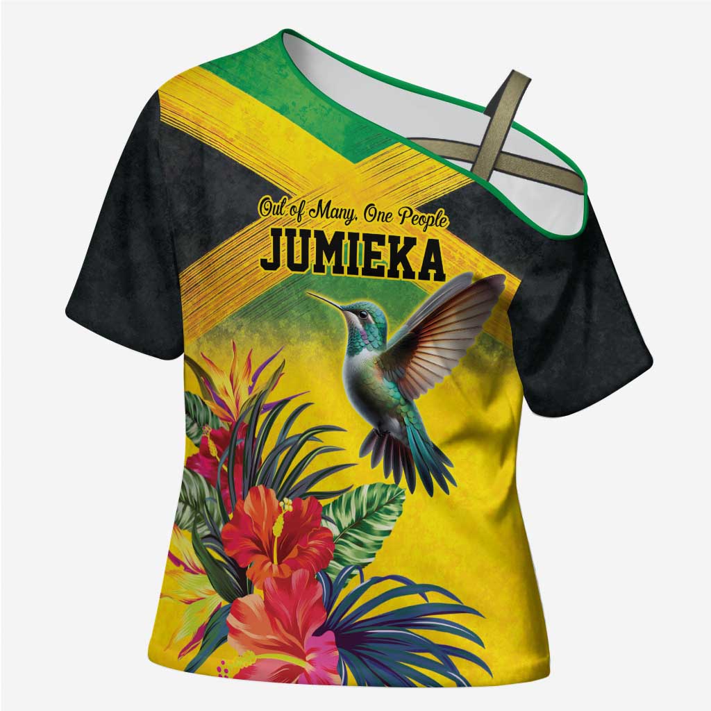 Personalized Jamaica Hummingbird Cross Shoulder Shirt Tropical Flowers Grunge Flag - Wonder Print Shop