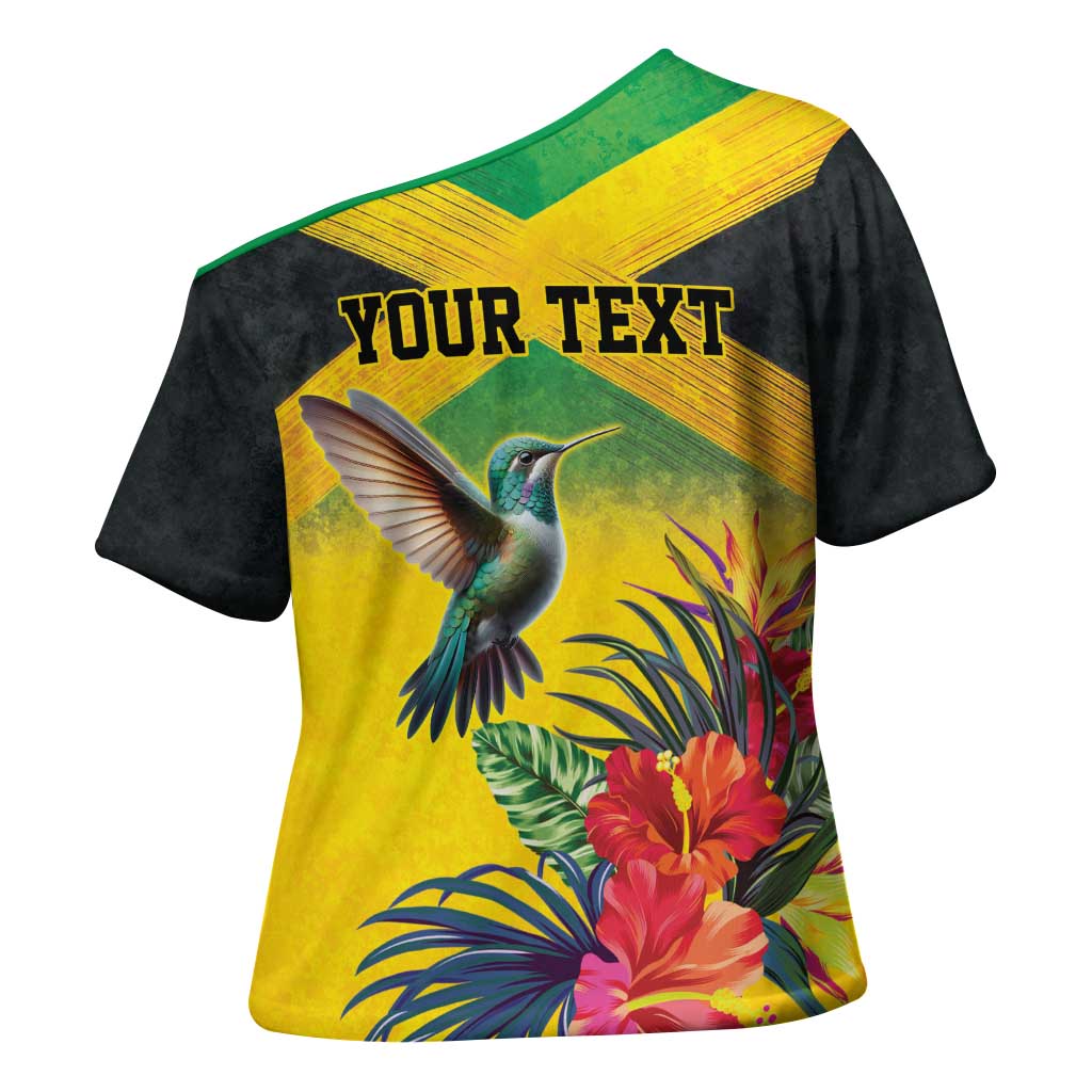 Personalized Jamaica Hummingbird Cross Shoulder Shirt Tropical Flowers Grunge Flag - Wonder Print Shop