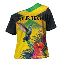 Personalized Jamaica Hummingbird Cross Shoulder Shirt Tropical Flowers Grunge Flag - Wonder Print Shop