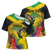 Personalized Jamaica Hummingbird Cross Shoulder Shirt Tropical Flowers Grunge Flag - Wonder Print Shop