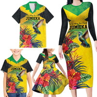 Personalized Jamaica Hummingbird Family Matching Long Sleeve Bodycon Dress and Hawaiian Shirt Tropical Flowers Grunge Flag - Wonder Print Shop