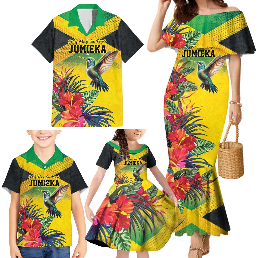 Personalized Jamaica Hummingbird Family Matching Mermaid Dress and Hawaiian Shirt Tropical Flowers Grunge Flag - Wonder Print Shop