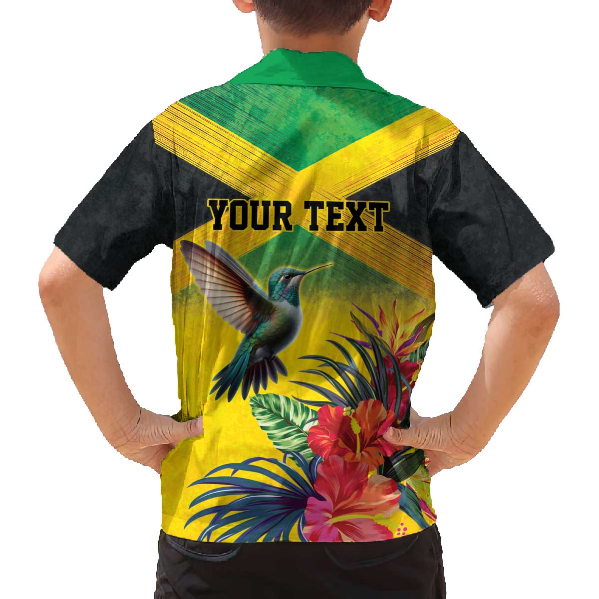 Personalized Jamaica Hummingbird Family Matching Off The Shoulder Long Sleeve Dress and Hawaiian Shirt Tropical Flowers Grunge Flag - Wonder Print Shop