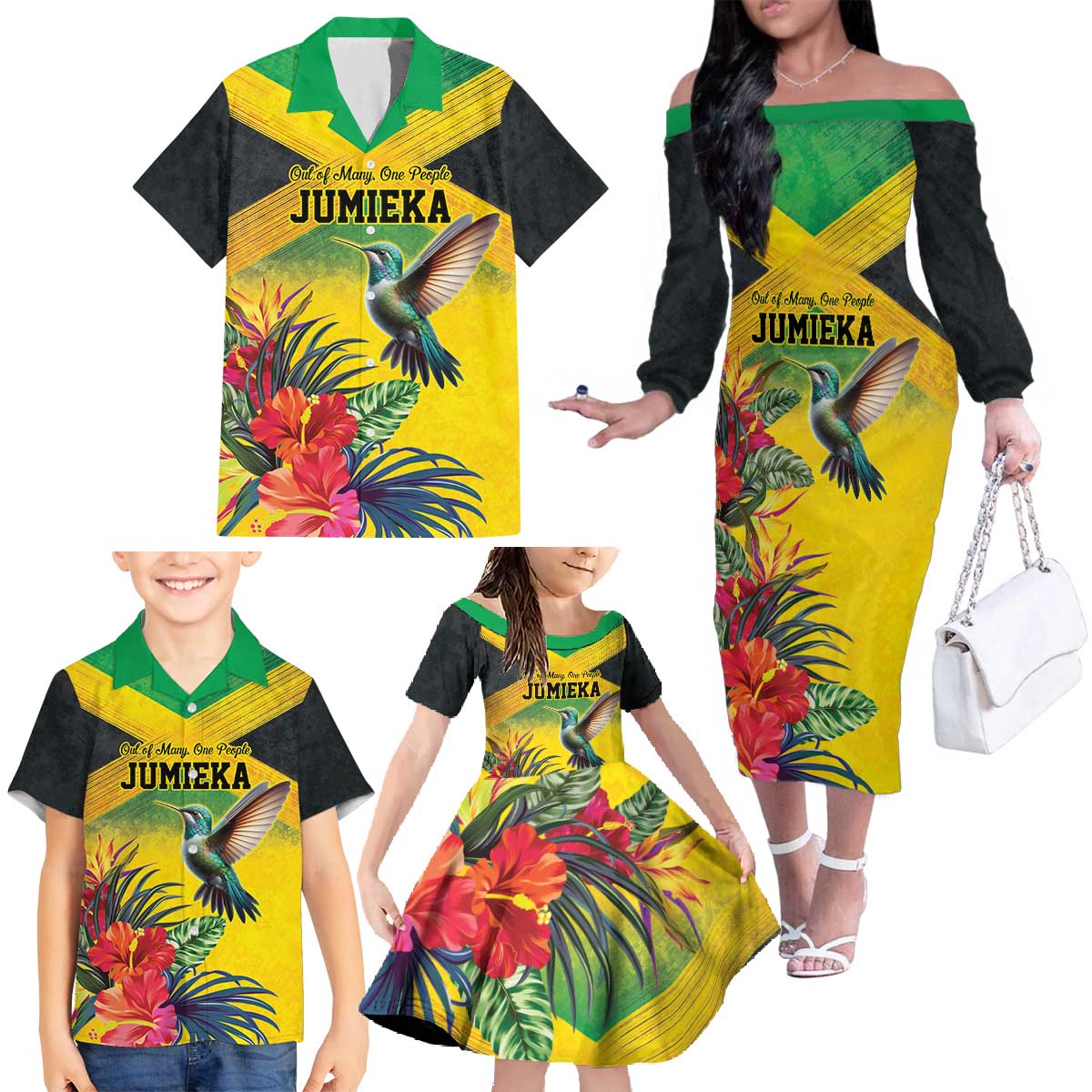 Personalized Jamaica Hummingbird Family Matching Off The Shoulder Long Sleeve Dress and Hawaiian Shirt Tropical Flowers Grunge Flag - Wonder Print Shop