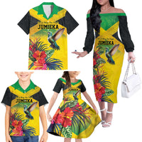 Personalized Jamaica Hummingbird Family Matching Off The Shoulder Long Sleeve Dress and Hawaiian Shirt Tropical Flowers Grunge Flag - Wonder Print Shop