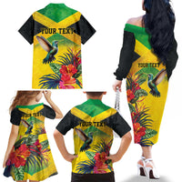 Personalized Jamaica Hummingbird Family Matching Off The Shoulder Long Sleeve Dress and Hawaiian Shirt Tropical Flowers Grunge Flag - Wonder Print Shop