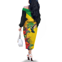 Personalized Jamaica Hummingbird Family Matching Off The Shoulder Long Sleeve Dress and Hawaiian Shirt Tropical Flowers Grunge Flag - Wonder Print Shop