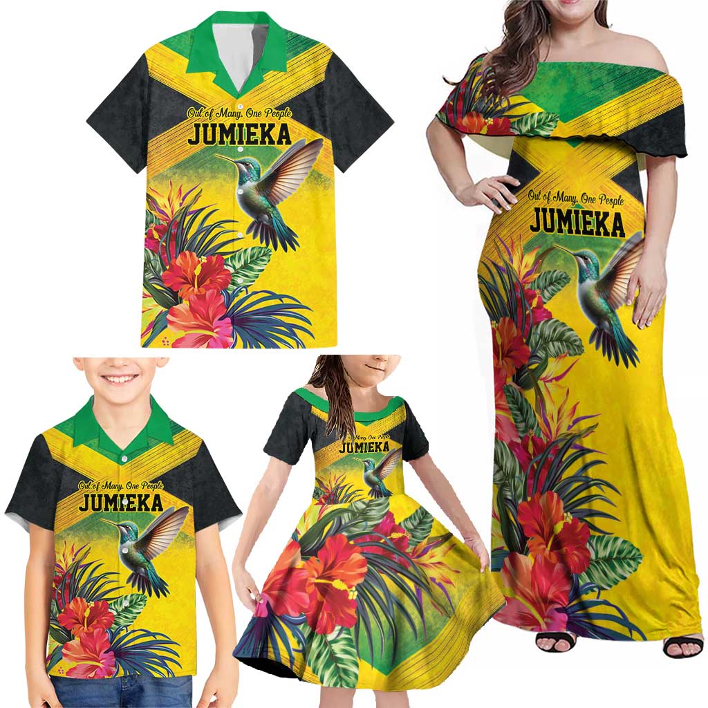 Personalized Jamaica Hummingbird Family Matching Off Shoulder Maxi Dress and Hawaiian Shirt Tropical Flowers Grunge Flag - Wonder Print Shop
