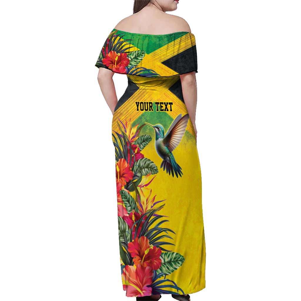 Personalized Jamaica Hummingbird Family Matching Off Shoulder Maxi Dress and Hawaiian Shirt Tropical Flowers Grunge Flag - Wonder Print Shop