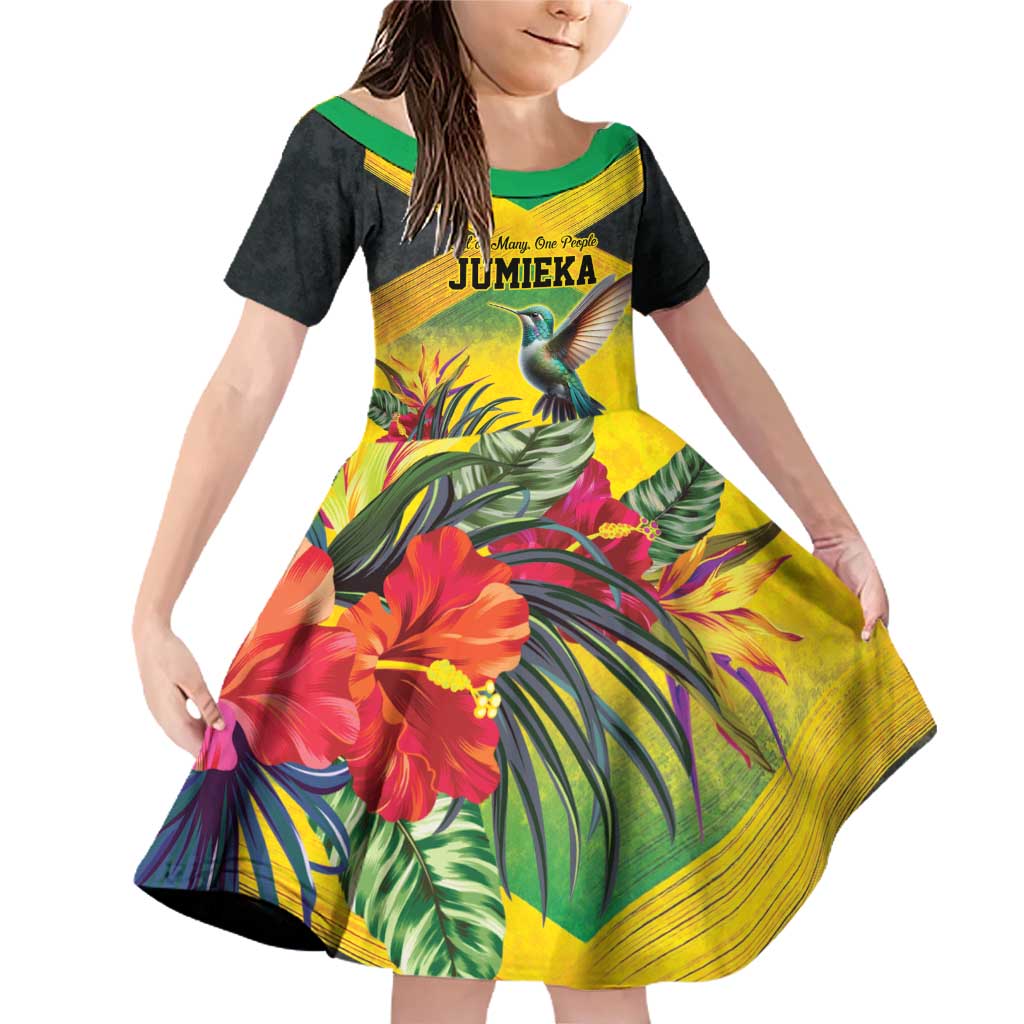 Personalized Jamaica Hummingbird Family Matching Off Shoulder Short Dress and Hawaiian Shirt Tropical Flowers Grunge Flag - Wonder Print Shop