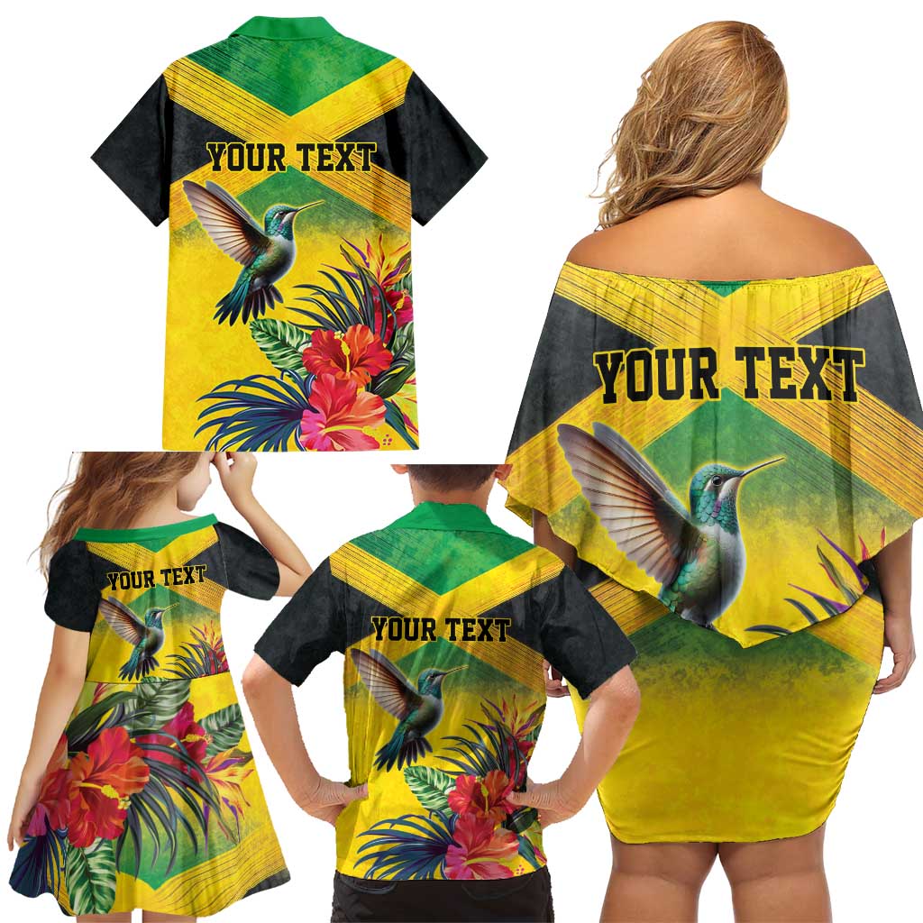 Personalized Jamaica Hummingbird Family Matching Off Shoulder Short Dress and Hawaiian Shirt Tropical Flowers Grunge Flag - Wonder Print Shop