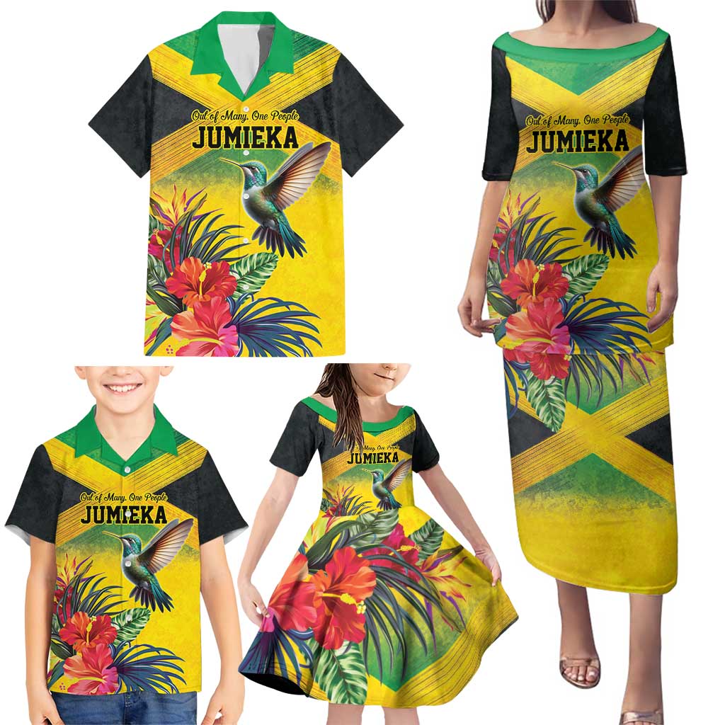 Personalized Jamaica Hummingbird Family Matching Puletasi and Hawaiian Shirt Tropical Flowers Grunge Flag - Wonder Print Shop