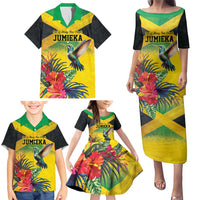 Personalized Jamaica Hummingbird Family Matching Puletasi and Hawaiian Shirt Tropical Flowers Grunge Flag - Wonder Print Shop