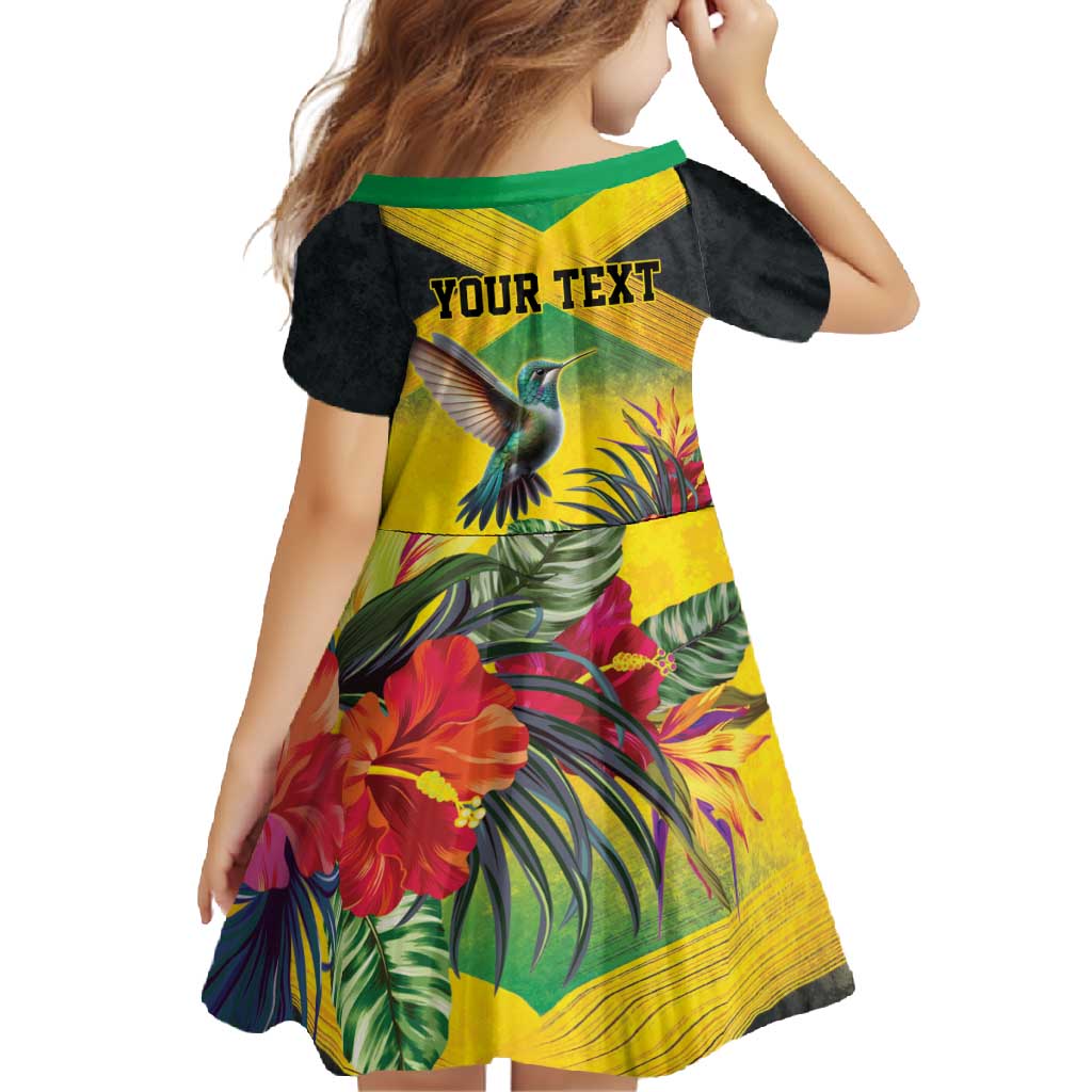 Personalized Jamaica Hummingbird Family Matching Short Sleeve Bodycon Dress and Hawaiian Shirt Tropical Flowers Grunge Flag - Wonder Print Shop