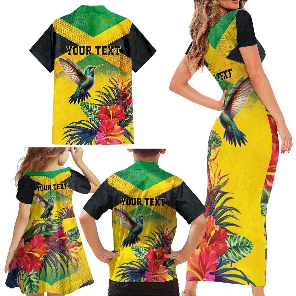 Personalized Jamaica Hummingbird Family Matching Short Sleeve Bodycon Dress and Hawaiian Shirt Tropical Flowers Grunge Flag - Wonder Print Shop