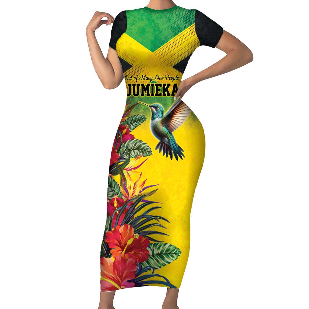 Personalized Jamaica Hummingbird Family Matching Short Sleeve Bodycon Dress and Hawaiian Shirt Tropical Flowers Grunge Flag - Wonder Print Shop