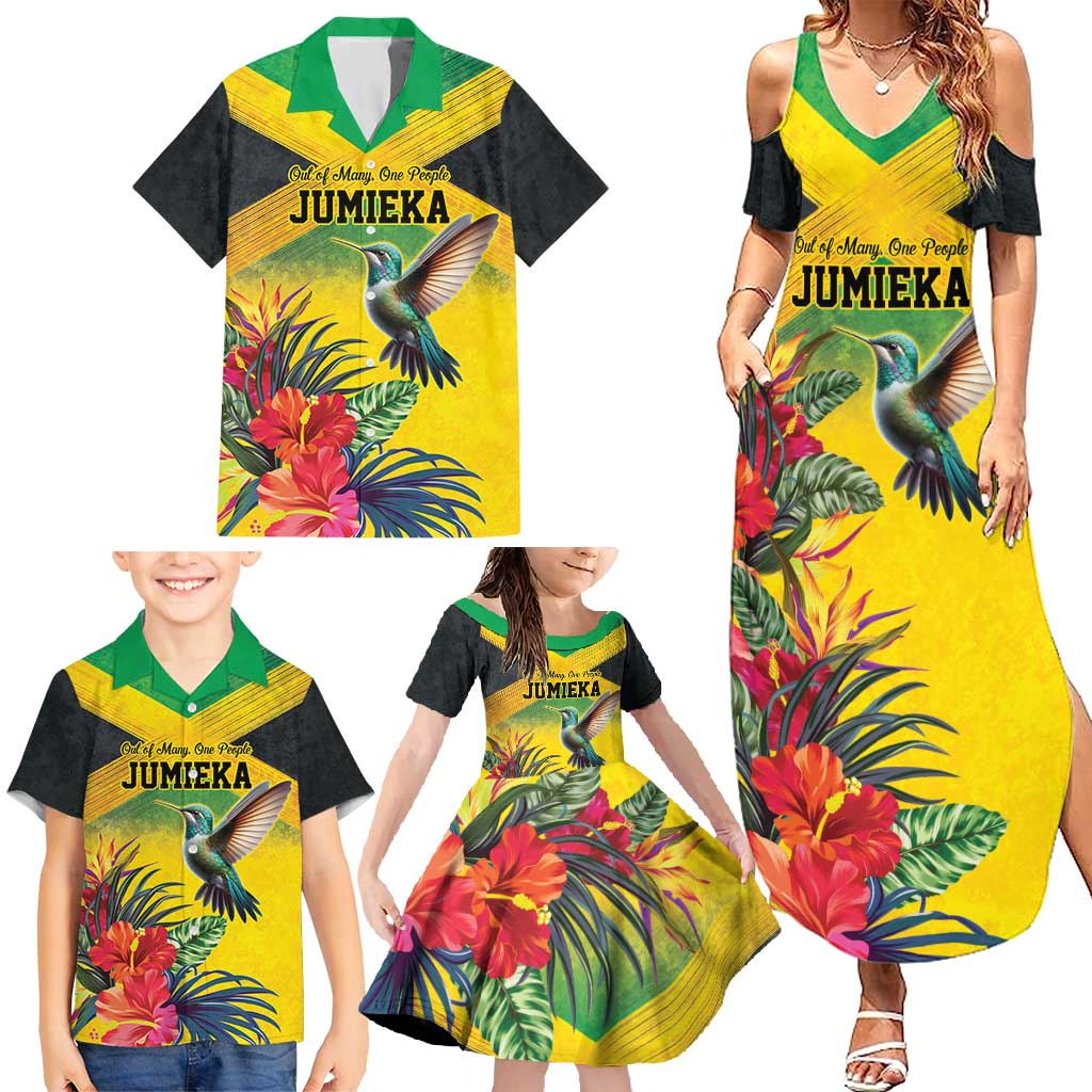 Personalized Jamaica Hummingbird Family Matching Summer Maxi Dress and Hawaiian Shirt Tropical Flowers Grunge Flag - Wonder Print Shop