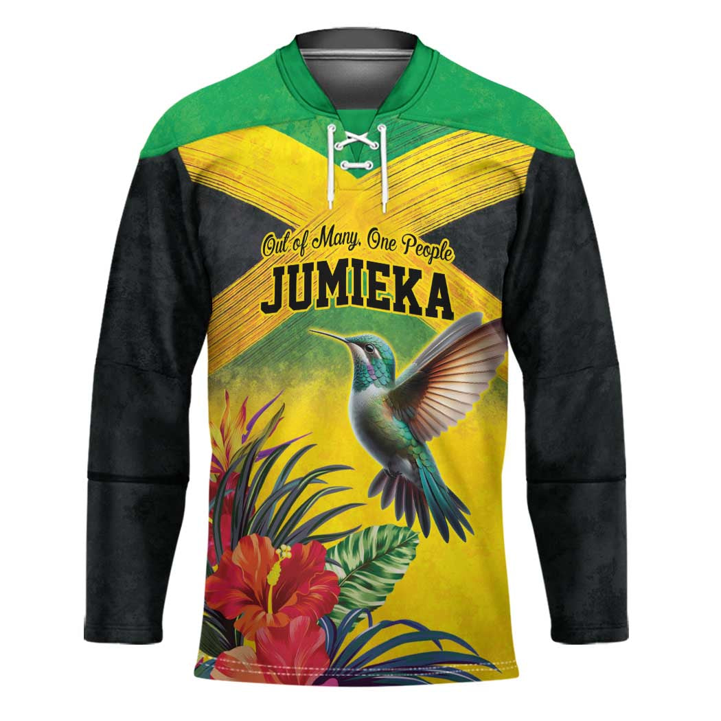 Personalized Jamaica Hummingbird Hockey Jersey Tropical Flowers Grunge Flag - Wonder Print Shop
