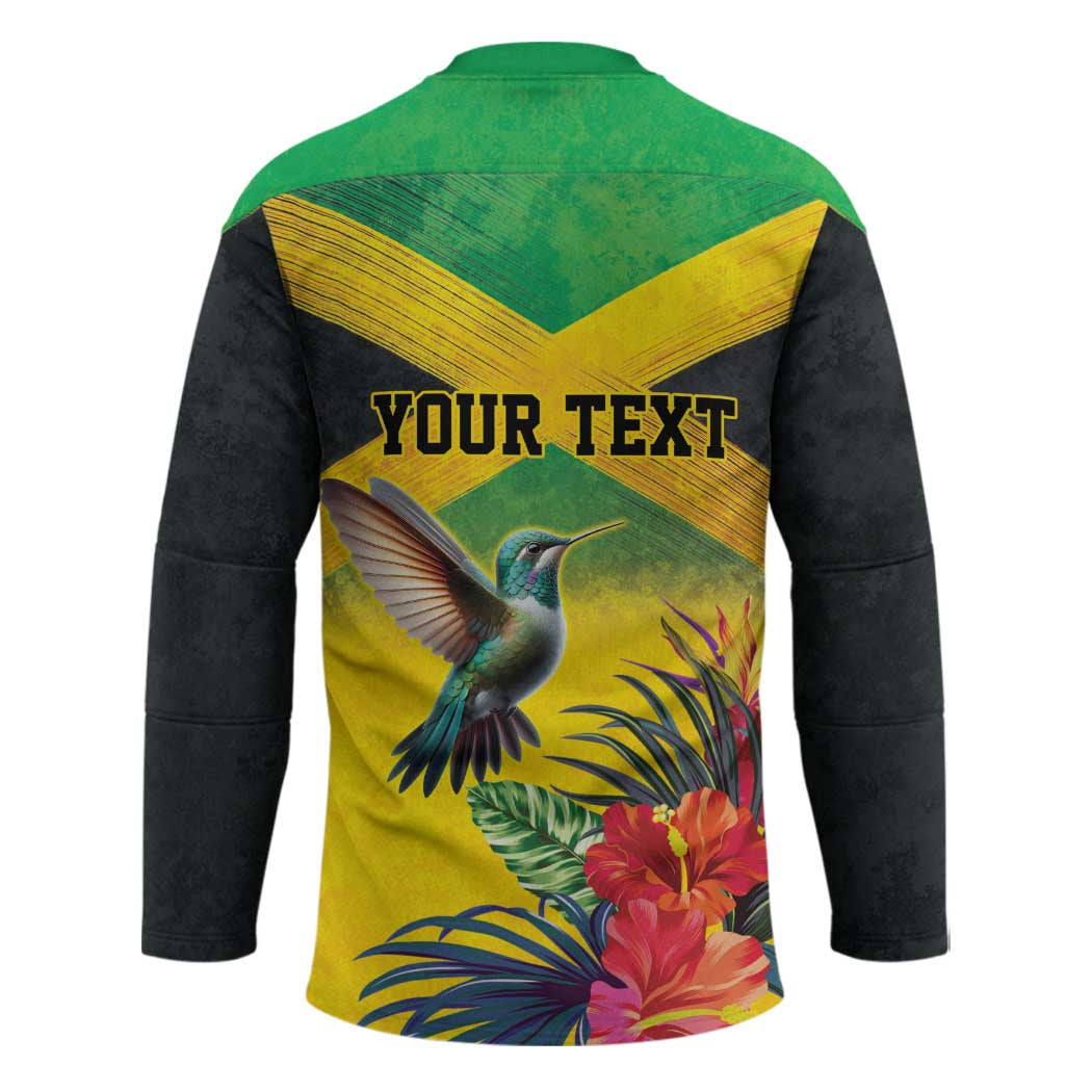 Personalized Jamaica Hummingbird Hockey Jersey Tropical Flowers Grunge Flag - Wonder Print Shop