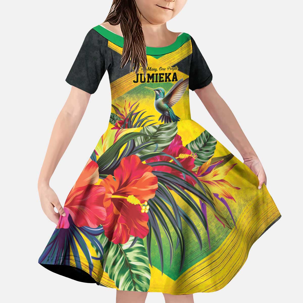 Personalized Jamaica Hummingbird Kid Short Sleeve Dress Tropical Flowers Grunge Flag - Wonder Print Shop