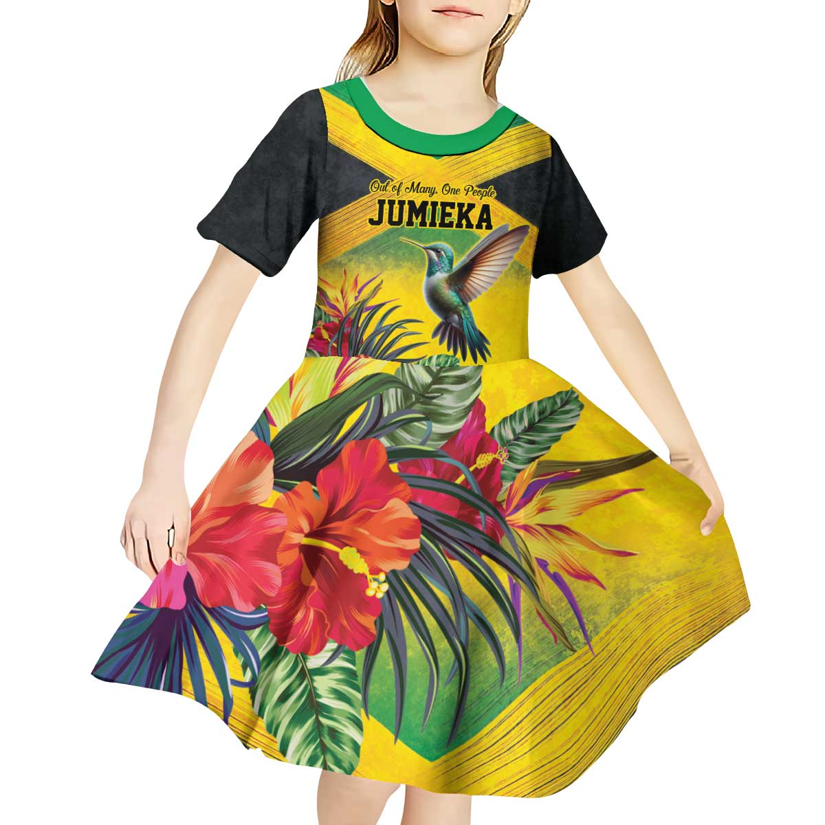 Personalized Jamaica Hummingbird Kid Short Sleeve Dress Tropical Flowers Grunge Flag - Wonder Print Shop