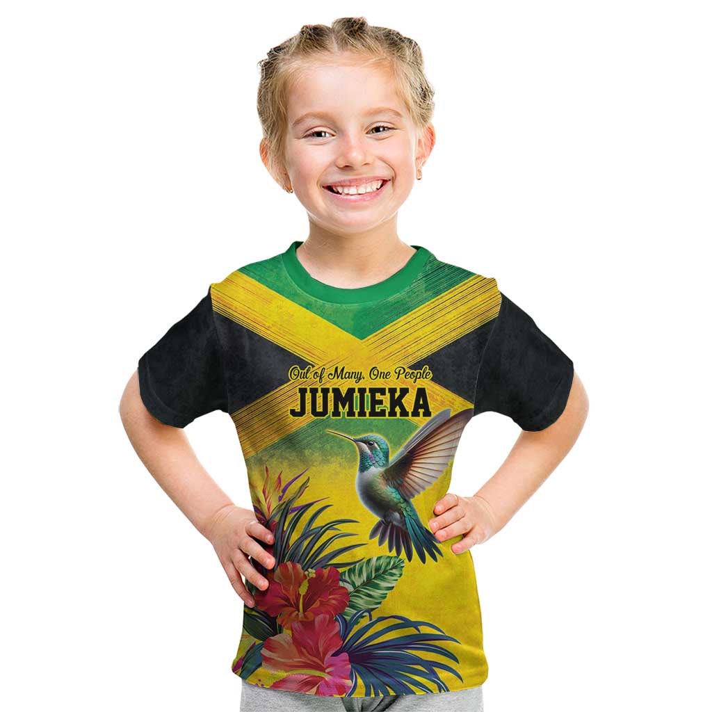 Personalized Jamaica Hummingbird Kid T Shirt Tropical Flowers Grunge Flag - Wonder Print Shop