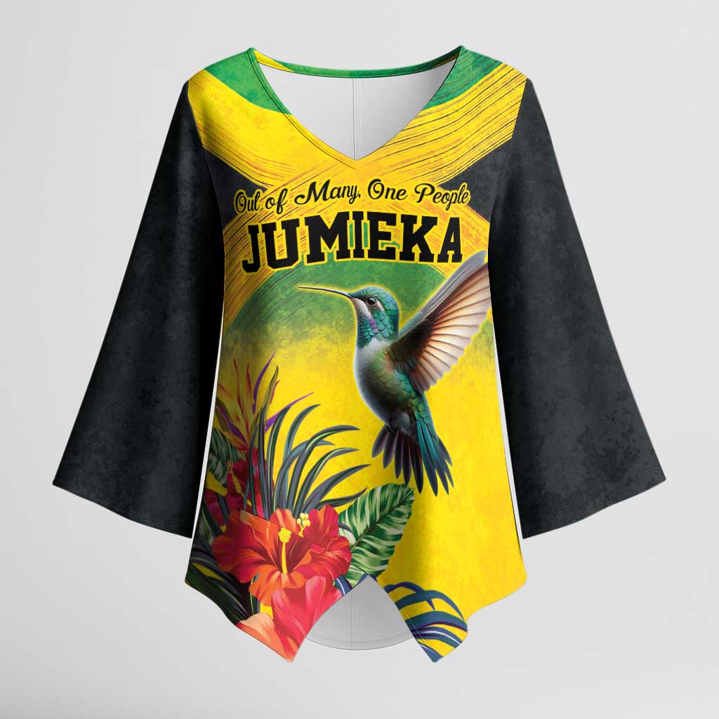 Personalized Jamaica Hummingbird Kimono Sleeve Blouse Tropical Flowers Grunge Flag - Wonder Print Shop