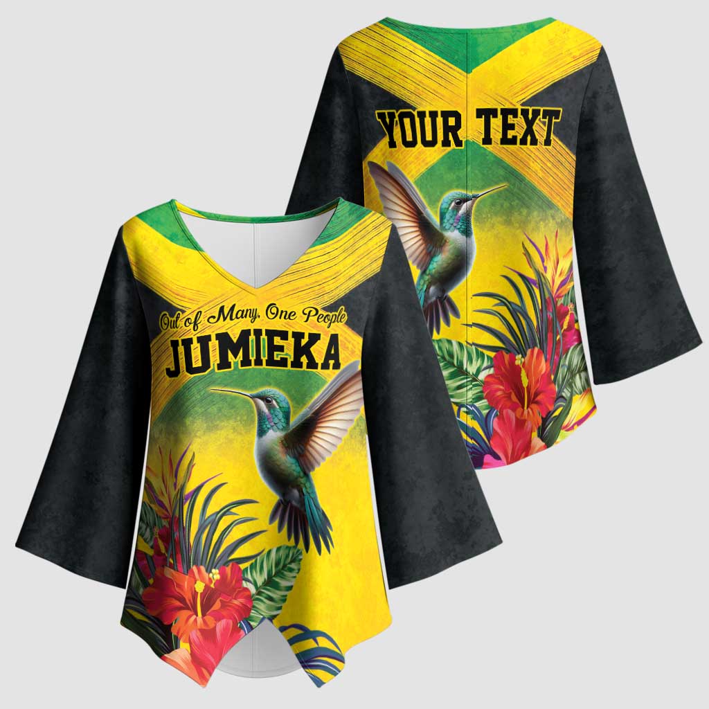 Personalized Jamaica Hummingbird Kimono Sleeve Blouse Tropical Flowers Grunge Flag - Wonder Print Shop
