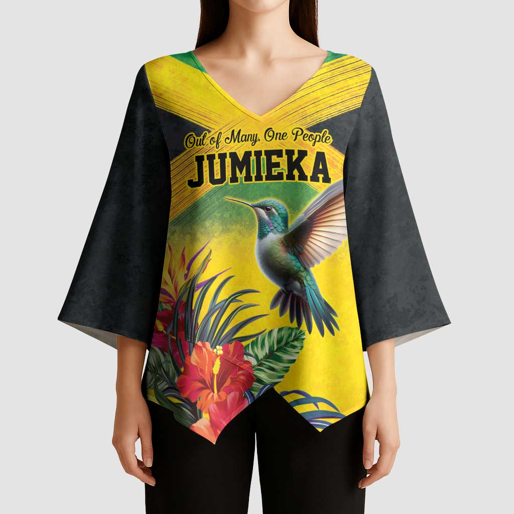 Personalized Jamaica Hummingbird Kimono Sleeve Blouse Tropical Flowers Grunge Flag - Wonder Print Shop