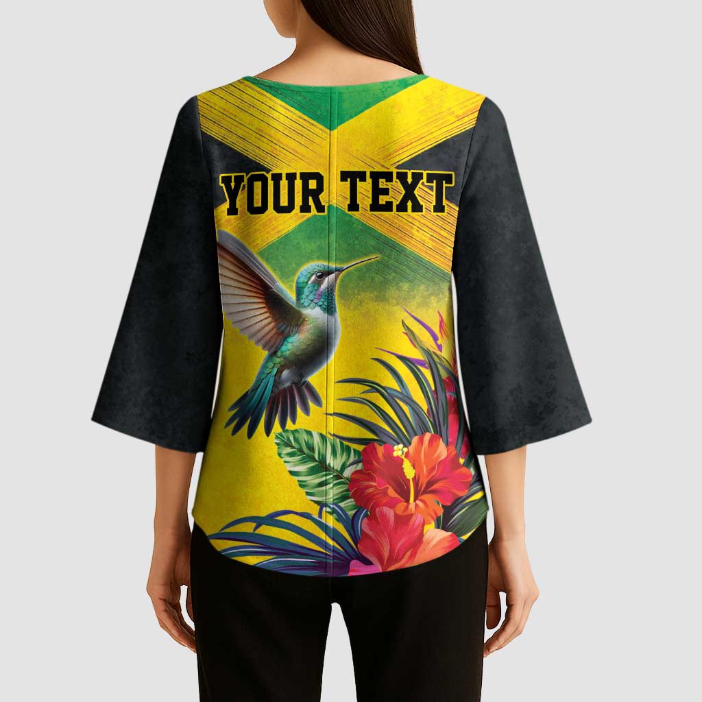 Personalized Jamaica Hummingbird Kimono Sleeve Blouse Tropical Flowers Grunge Flag - Wonder Print Shop