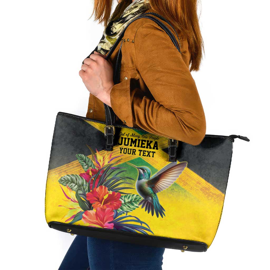 Personalized Jamaica Hummingbird Leather Tote Bag Tropical Flowers Grunge Flag - Wonder Print Shop