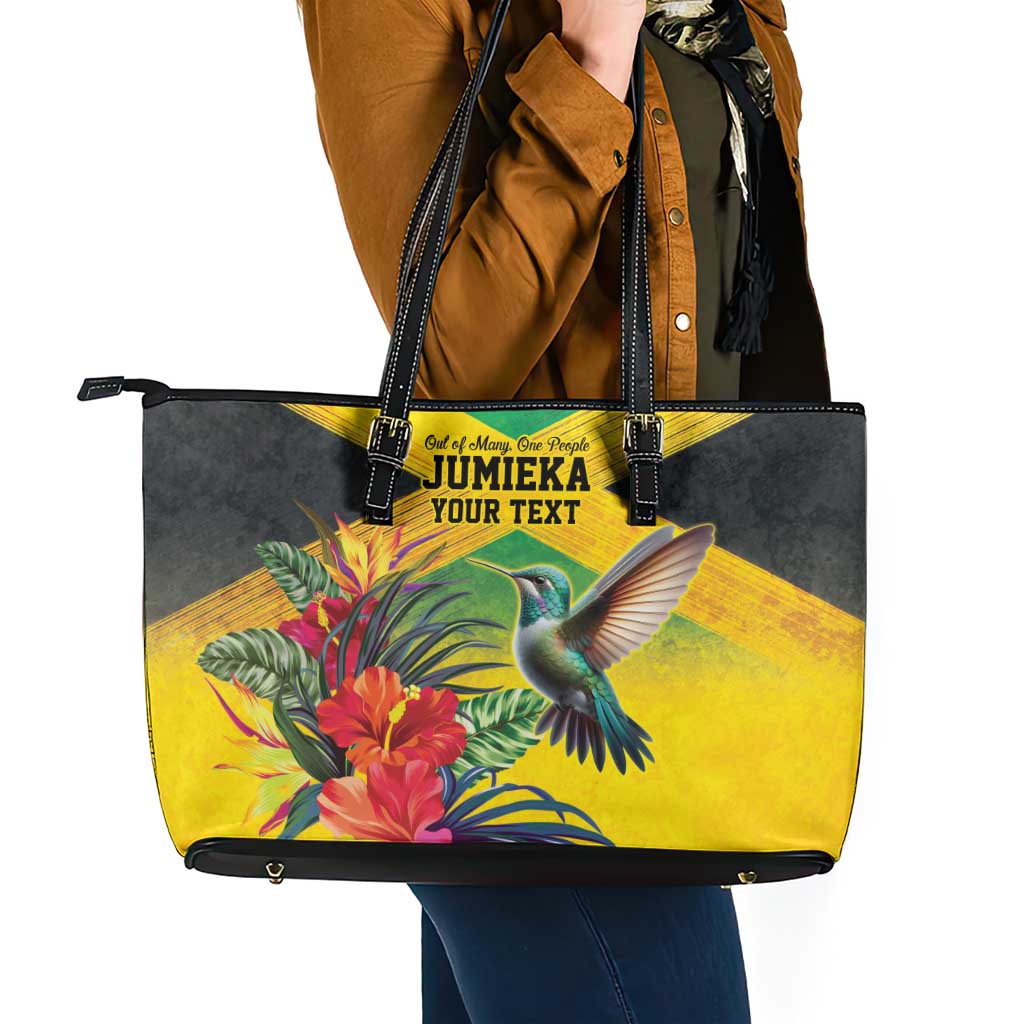 Personalized Jamaica Hummingbird Leather Tote Bag Tropical Flowers Grunge Flag - Wonder Print Shop