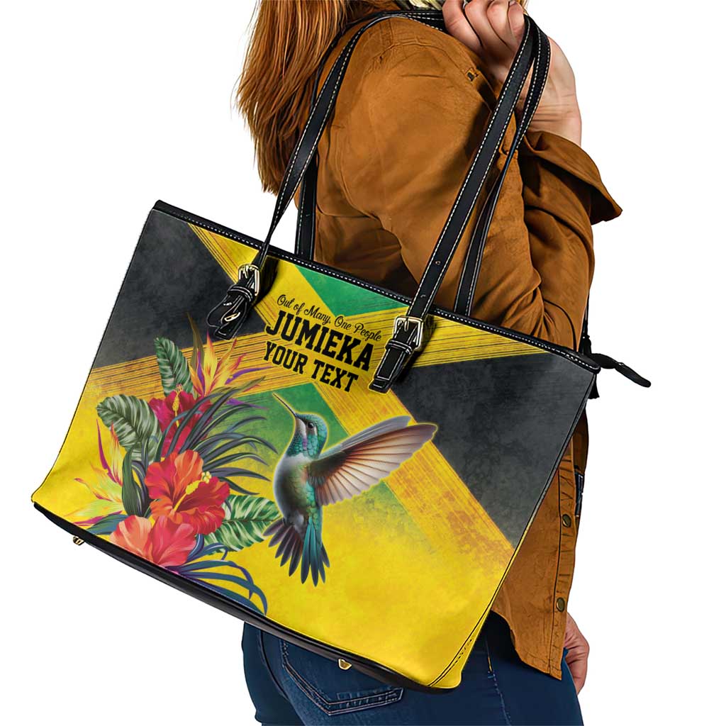 Personalized Jamaica Hummingbird Leather Tote Bag Tropical Flowers Grunge Flag - Wonder Print Shop