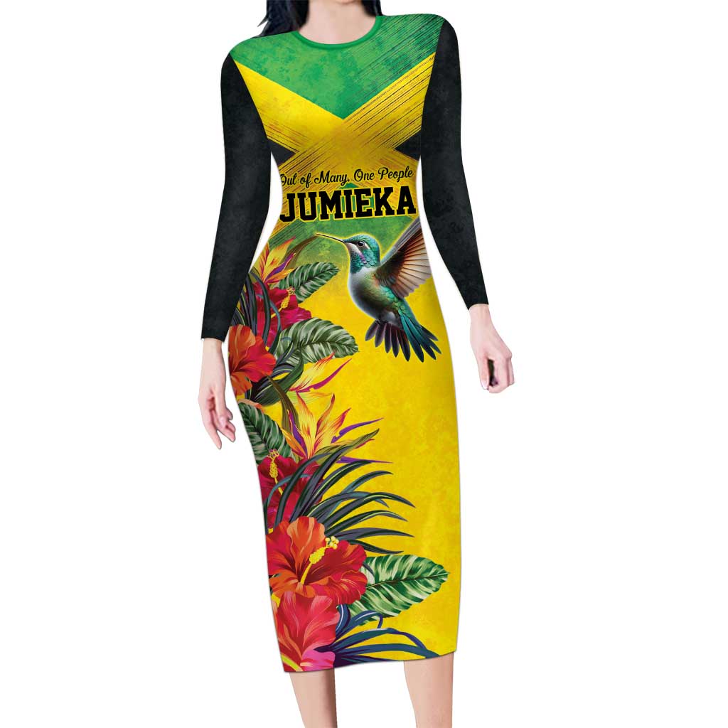 Personalized Jamaica Hummingbird Long Sleeve Bodycon Dress Tropical Flowers Grunge Flag - Wonder Print Shop