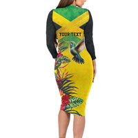Personalized Jamaica Hummingbird Long Sleeve Bodycon Dress Tropical Flowers Grunge Flag - Wonder Print Shop