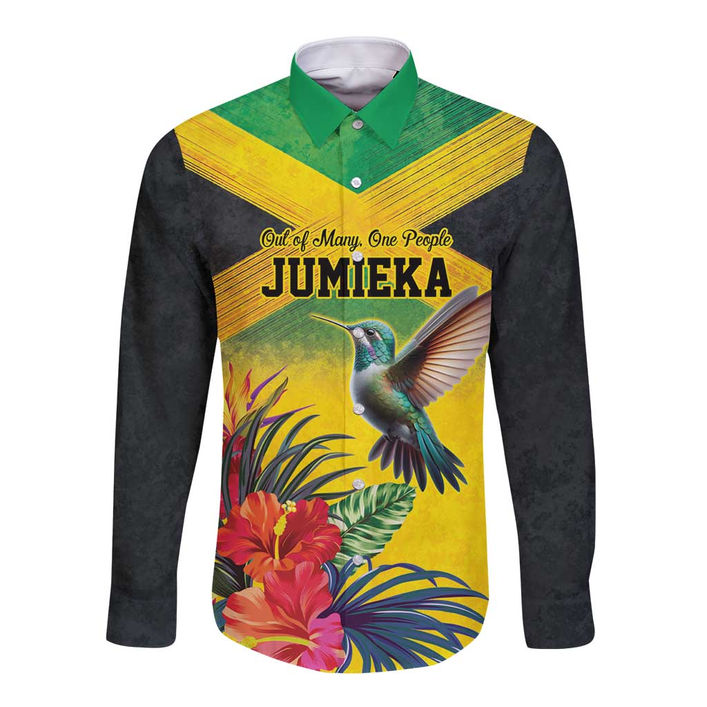 Personalized Jamaica Hummingbird Long Sleeve Button Shirt Tropical Flowers Grunge Flag - Wonder Print Shop