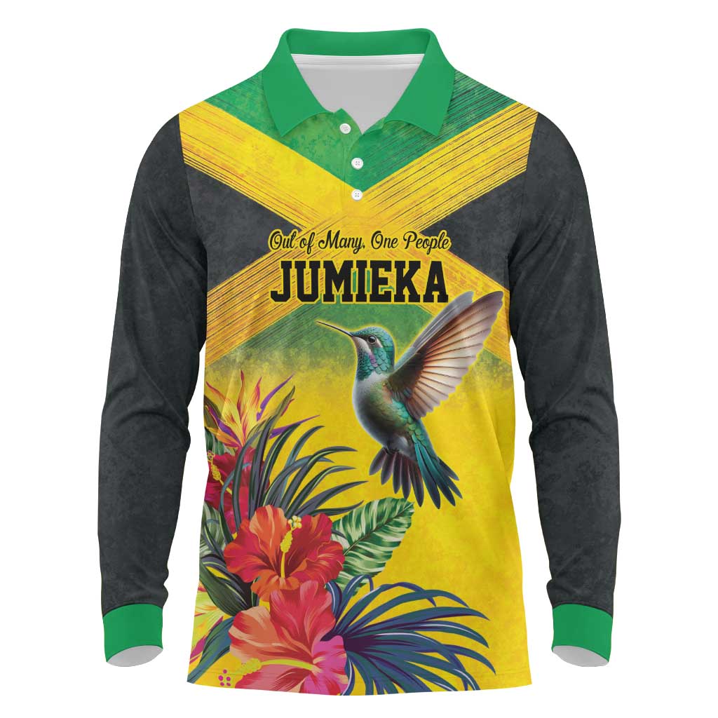 Personalized Jamaica Hummingbird Long Sleeve Polo Shirt Tropical Flowers Grunge Flag - Wonder Print Shop