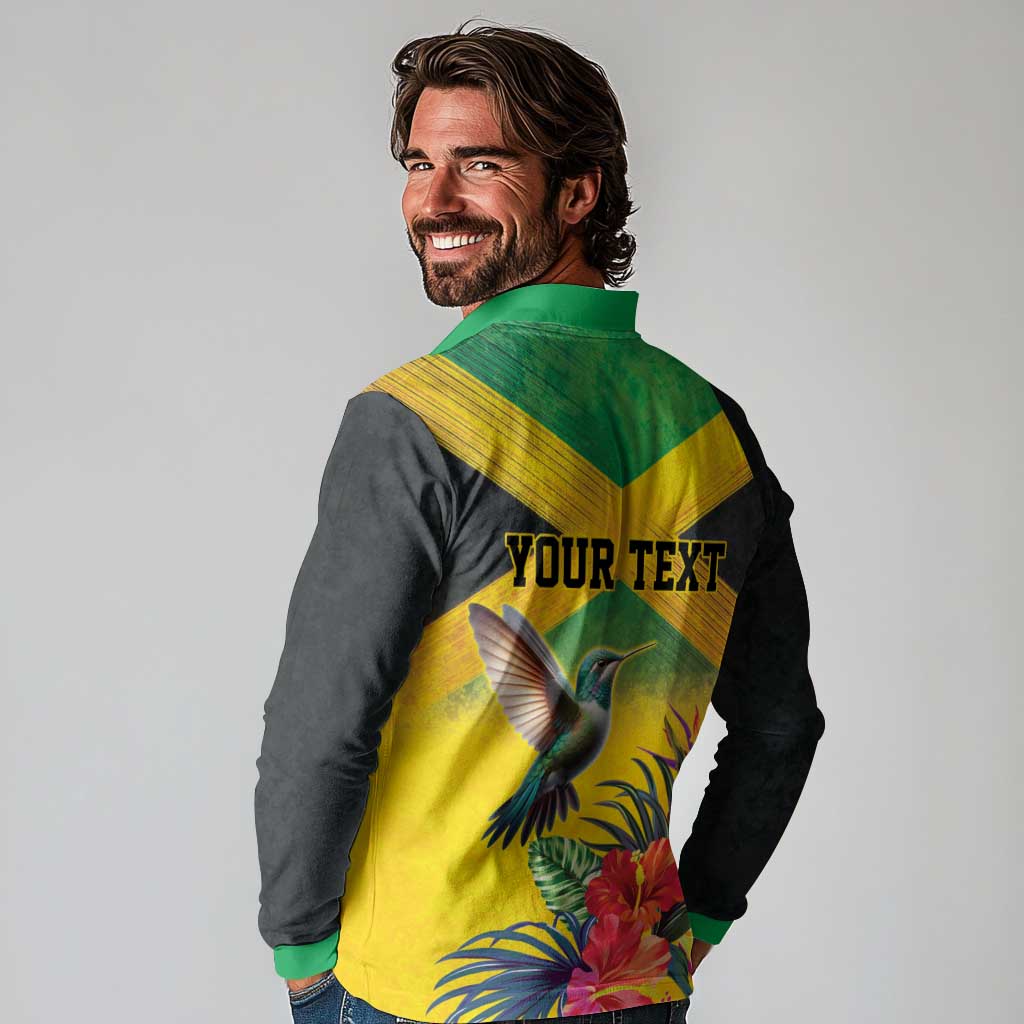 Personalized Jamaica Hummingbird Long Sleeve Polo Shirt Tropical Flowers Grunge Flag - Wonder Print Shop