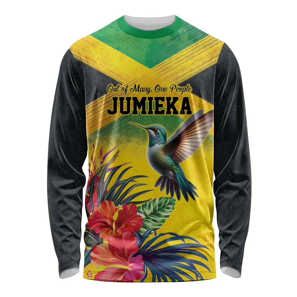 Personalized Jamaica Hummingbird Long Sleeve Shirt Tropical Flowers Grunge Flag - Wonder Print Shop