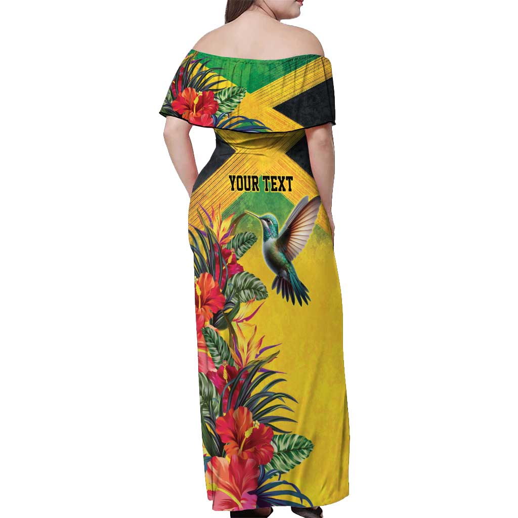 Personalized Jamaica Hummingbird Off Shoulder Maxi Dress Tropical Flowers Grunge Flag - Wonder Print Shop
