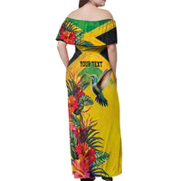 Personalized Jamaica Hummingbird Off Shoulder Maxi Dress Tropical Flowers Grunge Flag - Wonder Print Shop